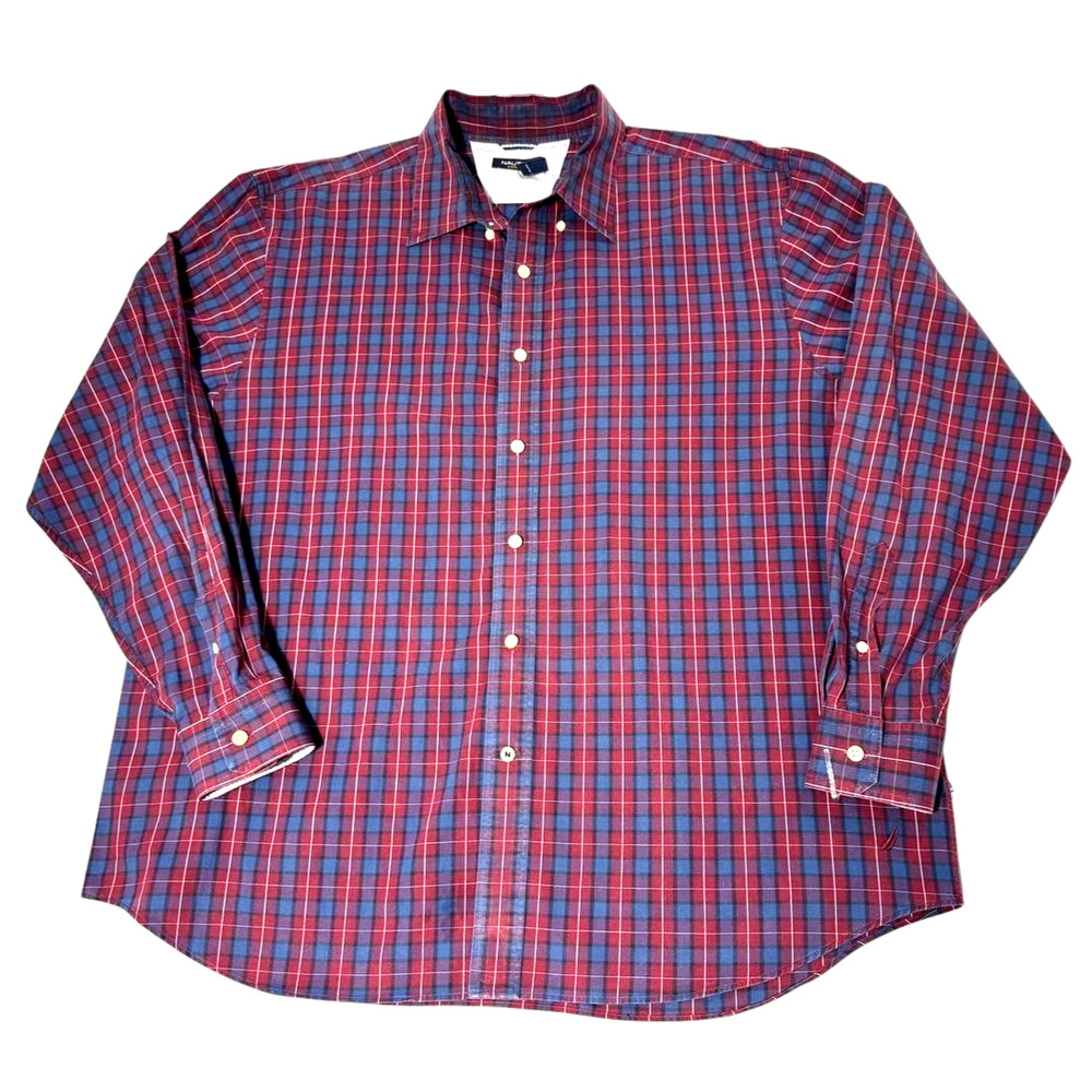 Nautica Button Up Shirt Mens XXL Red Blue Plaid Long Sleeve Casual Classic Fit